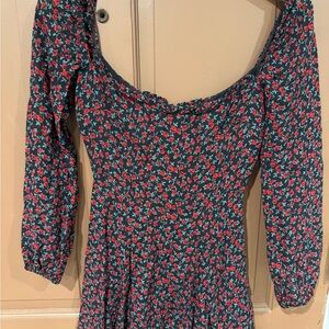 Reformation gretel Black Dress with Red and Green Floral Pattern